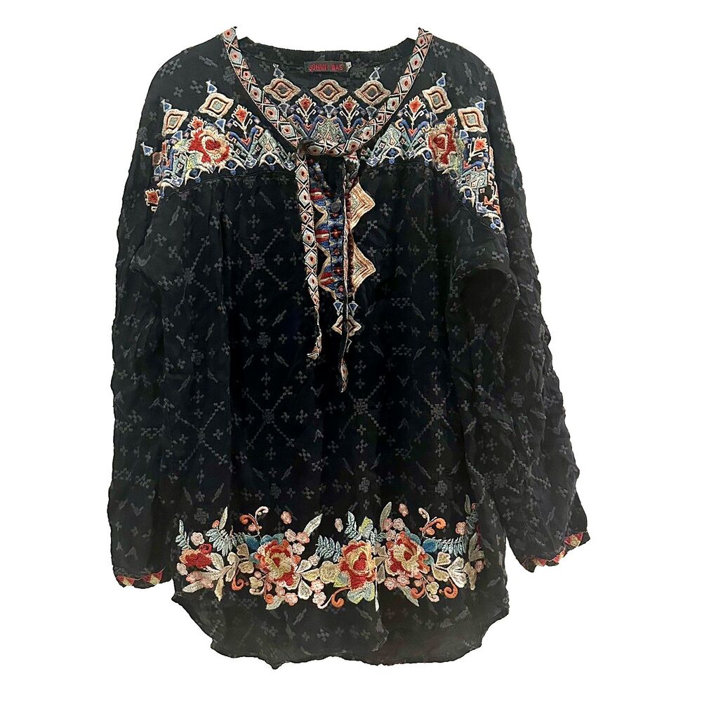 Johnny Was Gina Floral Embroidered Blouse Large Black Tunic Long Sleeve Boho